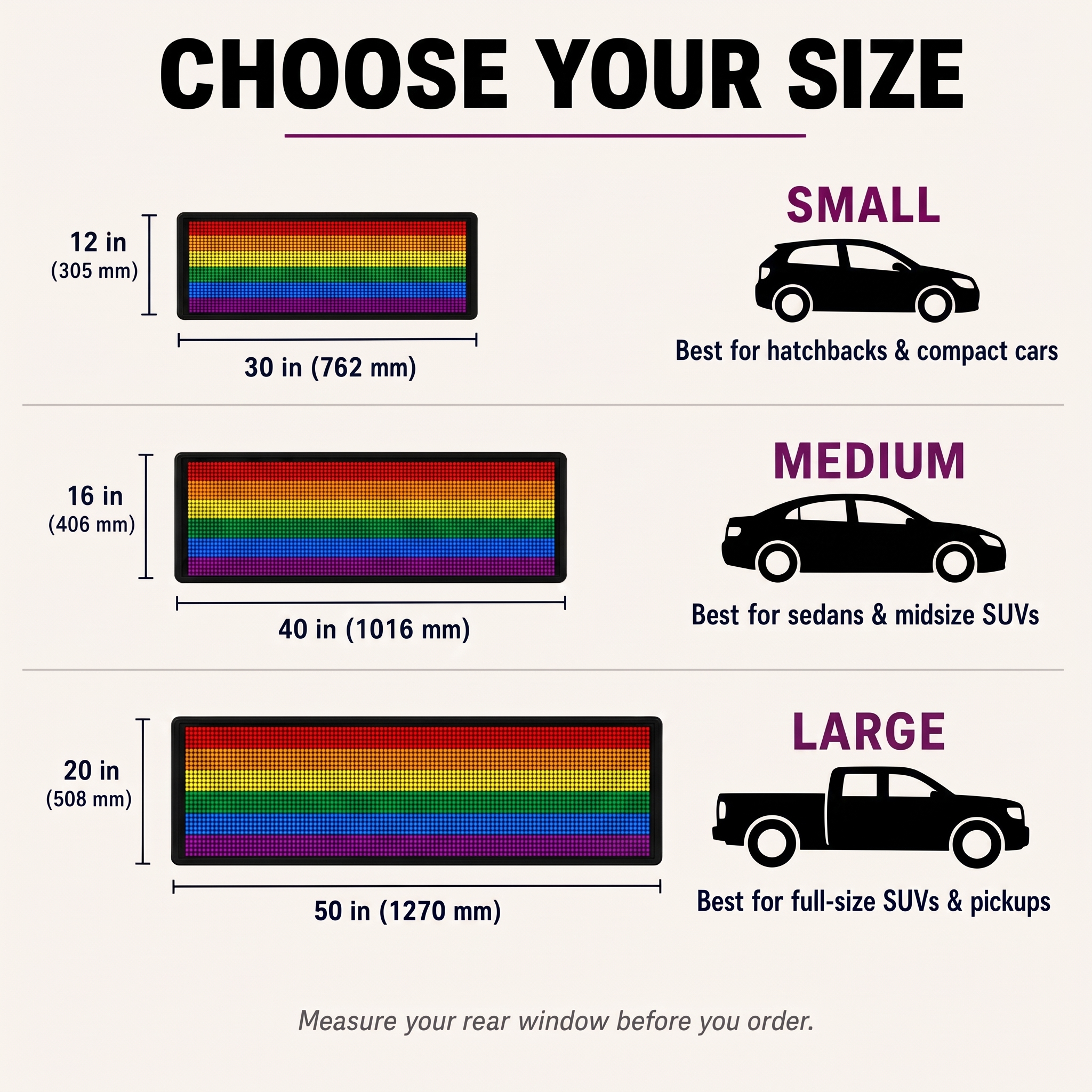 Choose your size: Small, Medium, Large